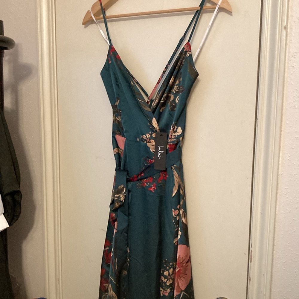 NWT Lulus Still the One Emerald Green Floral Print Satin Maxi Dress| Sz S - Picture 3 of 13